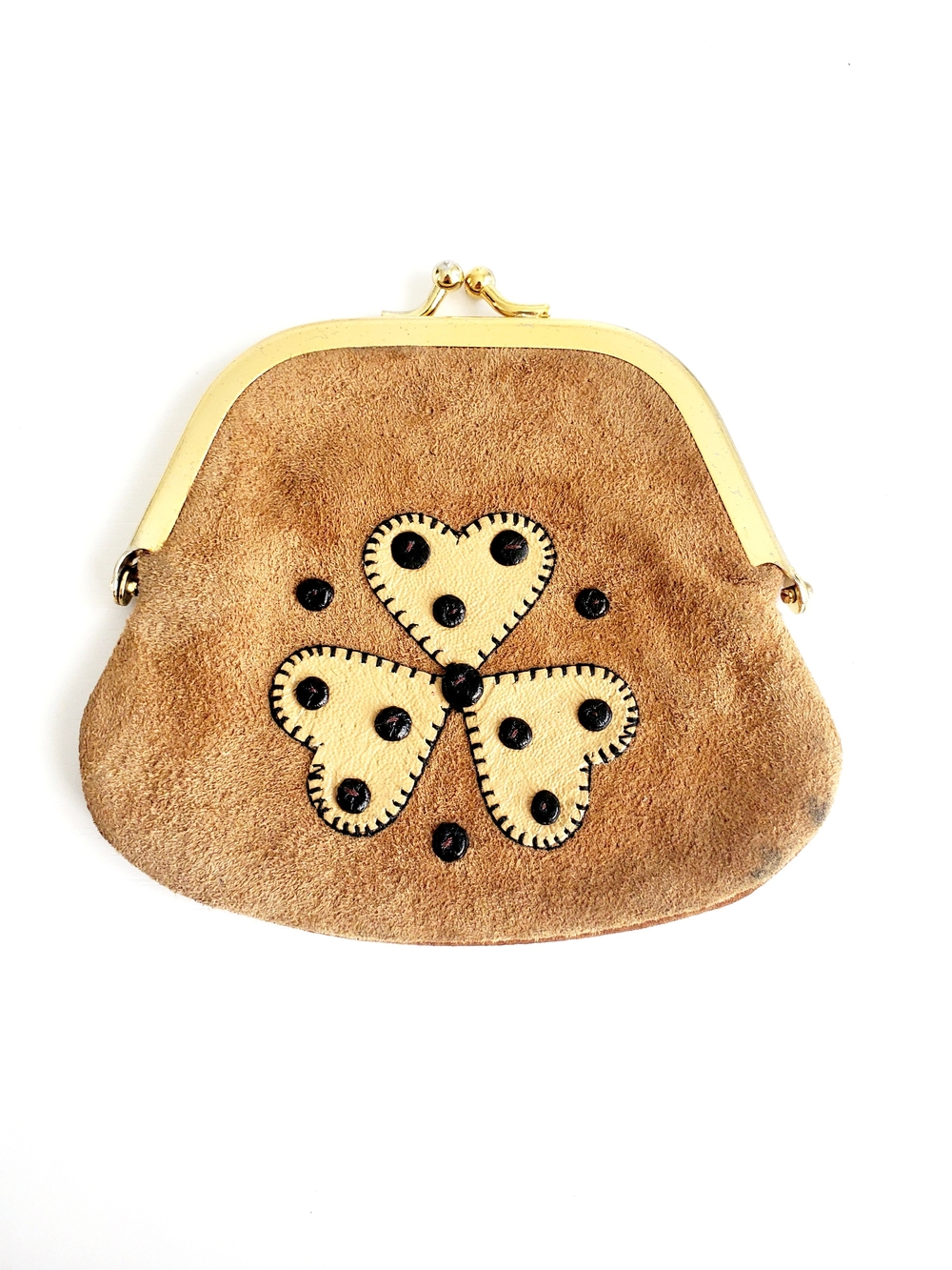 Tan Suede Kiss-Lock Coin Purse with Heart Clover Detail